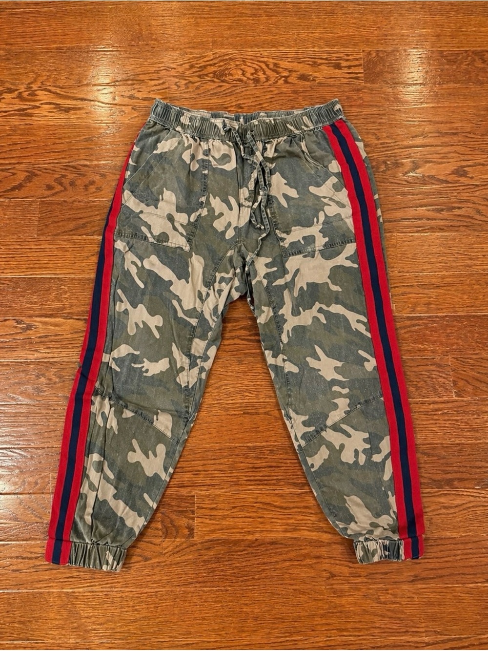 Vintage Havana Camo Joggers with Red & Blue Side Stripes